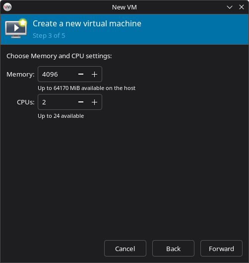 Virtual Machine Manager - Choose Memory and CPU Settings