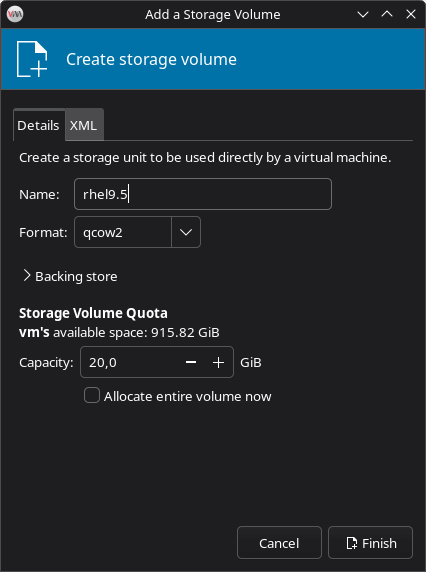 Virtual Machine Manager - Create Storage Volume